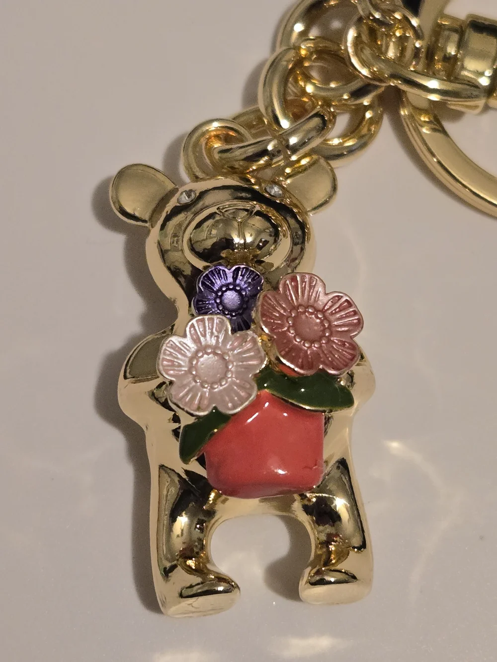 Gold Bear Keychain with Pink & Purple Flower Accent